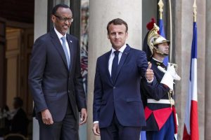 epa06757383 French president Emmanuel Macron (R) welcomes Rwanda's President Paul Kagame (L) prior to their meeting at the Elysee Palace, in Paris, France, 23 May 2018. Kagame participates at the Tech for Good summit held at Elysee palace with Tech leader on the sidelines of the VivaTech fair.  EPA/CHRISTOPHE PETIT TESSON